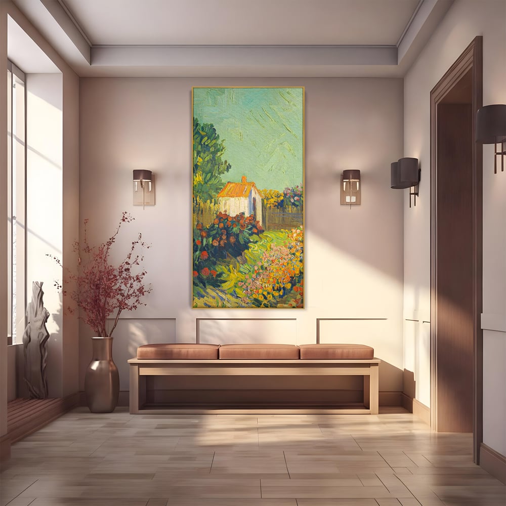 Tablou canvas cu pictura cu o casuta in gradina, in rama de aluminiu auriu